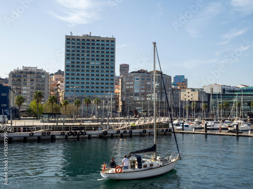 View of the city of Vigo from the sea. Galicia, Spain.