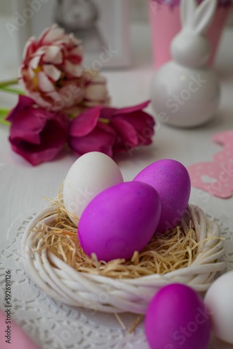 Closeup view of eggs colored in pink on an artificial nest