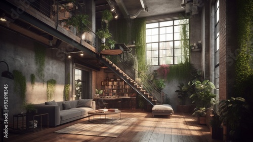 Modern Luxury Home Interior Background with Lots of Plants, Lofi Interior Generative AI