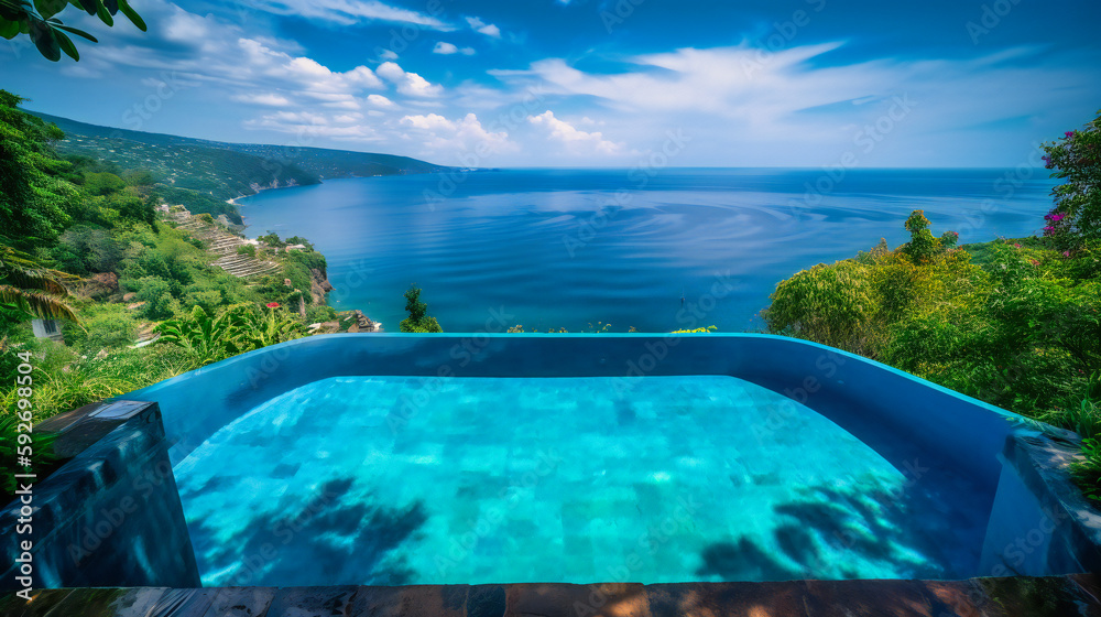 An eye-catching image of a magnificent infinity pool blending seamlessly with the ocean, set within a luxurious summer villa