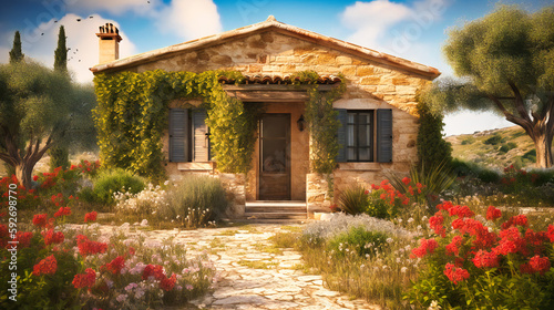 A serene image of a charming summer villa nestled in a blooming garden and ancient olive grove