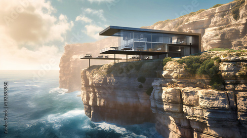 An awe-inspiring image of a modern summer villa perched on a rocky cliff, overlooking a wild coastline © Nilima