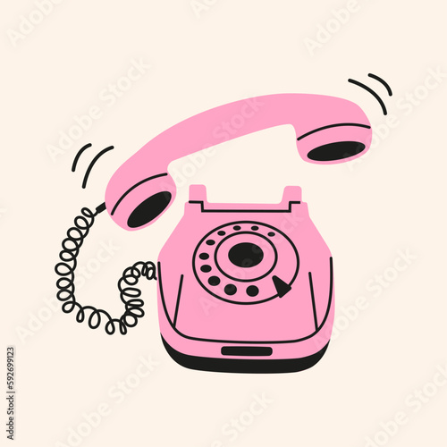 Old landline disk caller pink telephone with handset and wire in retro, vintage style, flat illustration, y2k