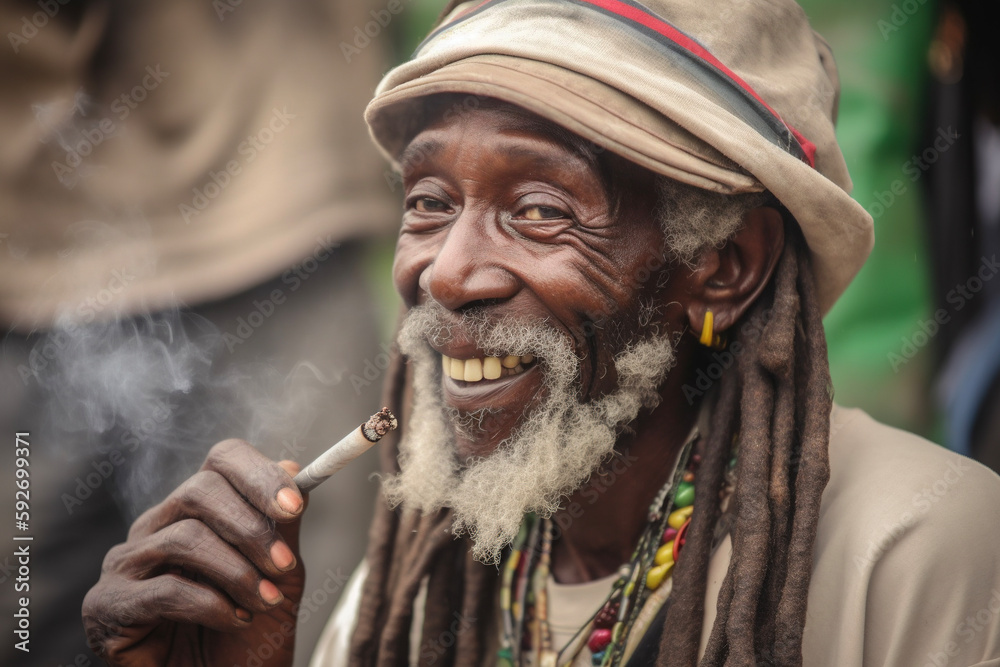Cheerful rastafarian man smoking weed. AI