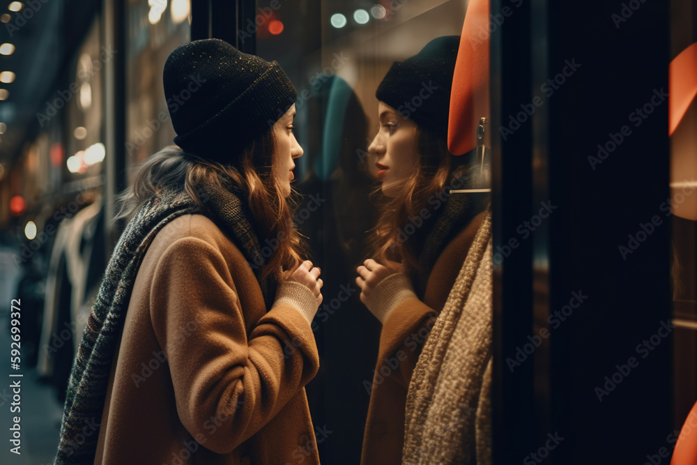 Window shopping. Young woman looking at store windows. AI