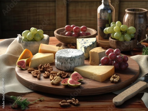 Photorealistic Gourmet Cheese Platter Image with Multiple Cheeses, Fruits, and Nuts.