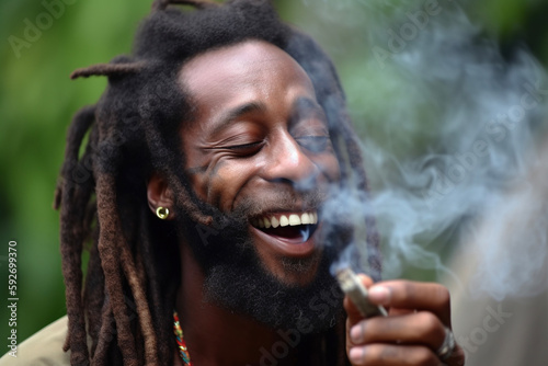 Happy rastafarian man smoking weed. AI