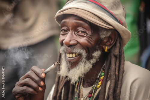 Cheerful rastafarian man smoking weed. AI photo