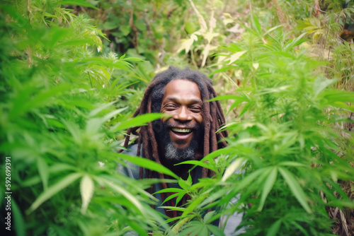 Happy ganja or marijuana farmer guarding his precious weed. AI