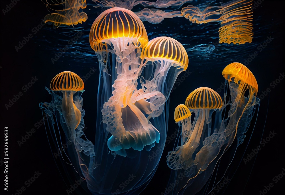 a group of jellyfish swimming in the ocean together in the dark water ...