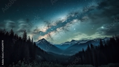Milky Way above mountains at night time. Generative AI