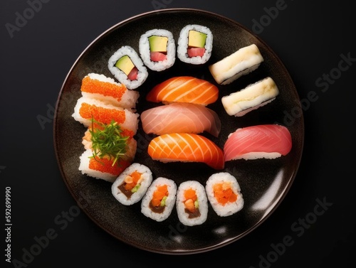 "Beautifully arranged plate of sushi"