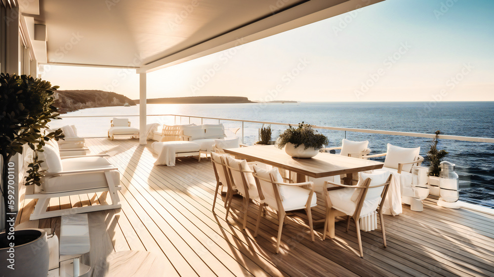 An exquisite image of an elegant seaside terrace, providing a spectacular setting for relaxation and enjoying the stunning ocean views
