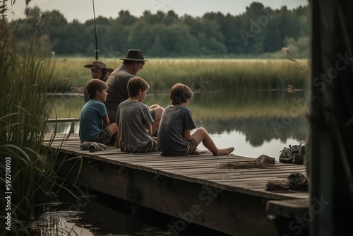 A fun, family fishing trip, with parents teaching their children the art of casting and patiently waiting for a catch, set against a calm, sparkling lake or riverside location. Generative AI.