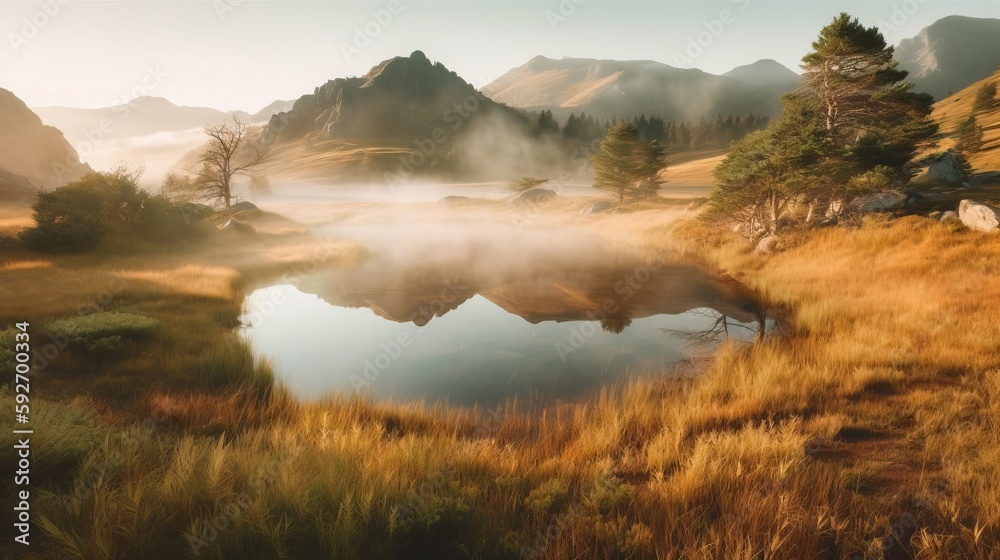 landscape with mountains, forest and a river, beautiful scenery. Generative AI