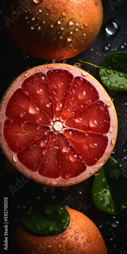 Sliced ​​grafruit with water drops, fresh summer background, generative ai photo