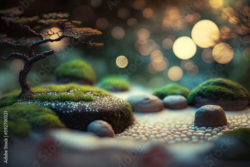 Bokeh Zen Garden Realm in a Ecological Style Background - Beautiful Bokeh Green Eco Garden Backdrop - Bokeh Zen Garden Realm Wallpaper - Created with Generative AI technology