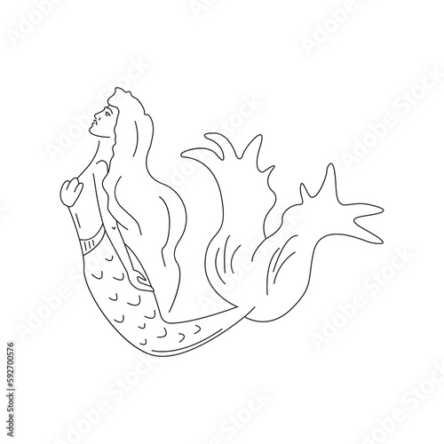 Cute cartoon mermaid. Isolated vector illustration in linear style. Simple clipart. Design element. Sea life and travel. Mysterious fairy-tale creatures of the underwater world. Myths and legends