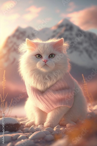 a close up of white cat in pink sweater. generative ai.