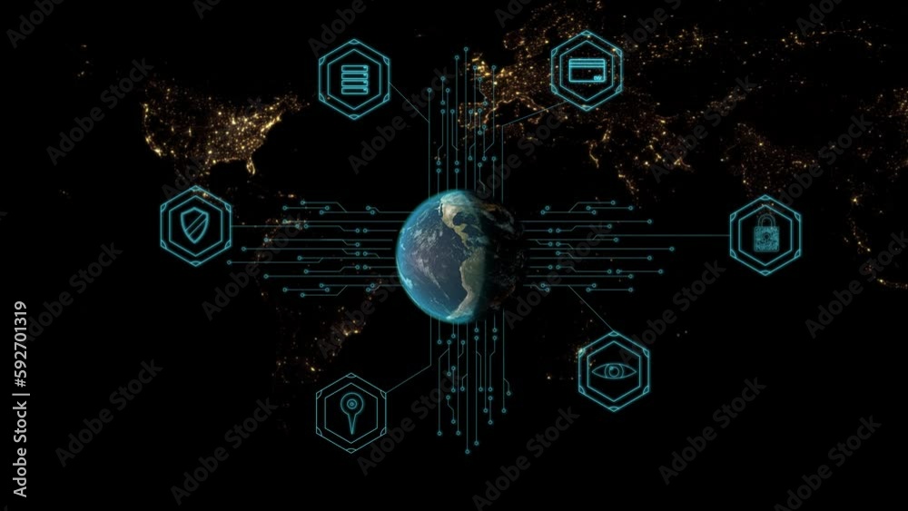 The globe rotates in the center of the microchip. Visualization of information transfer against the background of a night map of the world. The icons contain information protection symbols. Cg The globe rotates in the center of the microchip. Visualization of information transfer against the background of a night map of the world. The icons contain information protection symbols. Cg