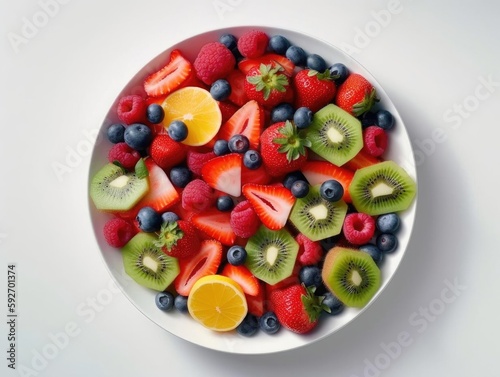 Colorful plate of fruits in top-down view
