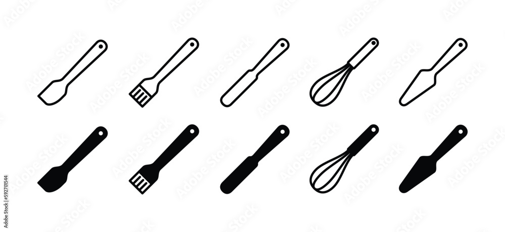 Bakery, bake, bread tools icons vector set. Baking tool icon collection in line and flat style. Whisk, spatula, brush, and other with editable stroke. Vector illustration Bakery, bake, bread tools icons vector set. Baking tool icon collection in line and flat style. Whisk, spatula, brush, and other with editable stroke. Vector illustration