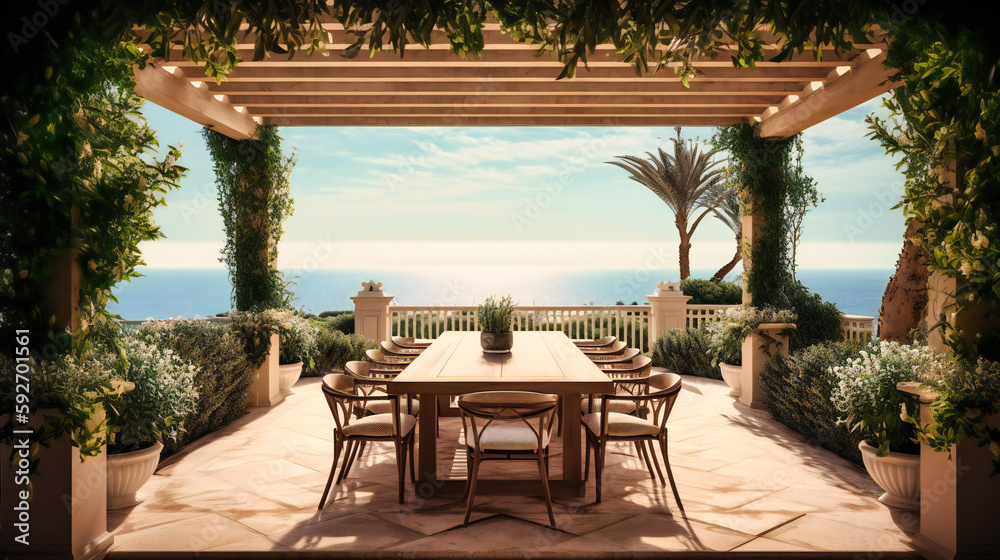 n elegant image of a stylish outdoor dining terrace, offering an indulgent and luxurious alfresco dining experience in a summer villa