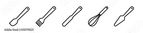 Bakery, bake, bread tools icons vector set. Baking tool icon collection in line style. Whisk, spatula, brush, and other with editable stroke. Vector illustration