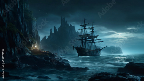 Ship and cliffs in dark and spooky night scene (AI generated) 