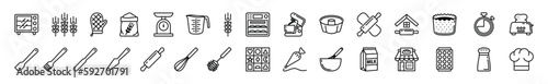 Bakery icons vector set in line style. Oven, rolling pin, wheat, flour, scale, timer, shop, microwave, whisk, spatula, brush, utensile, milk, chef hat, measuring cup and other. Vector illustration