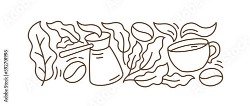 Coffee pattern. Coffea horizontal design element. Editable outline stroke. Vector line.