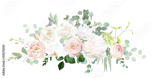 Pale pink and dusty rose, white orchid, magnolia, nude pink ranunculus, peony, eucalyptus vector design bouquet