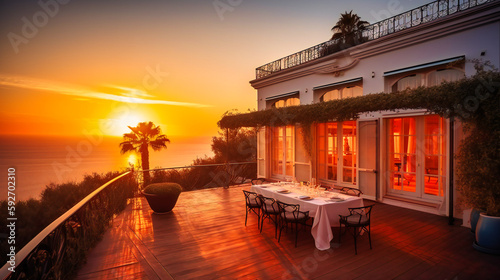 A captivating photograph of a luxurious summer villa, showcasing a magnificent ocean sunset, inviting relaxation and indulgence