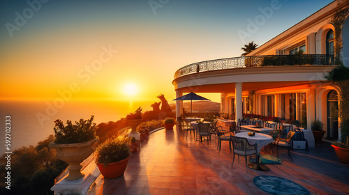 A captivating photograph of a luxurious summer villa  showcasing a magnificent ocean sunset  inviting relaxation and indulgence