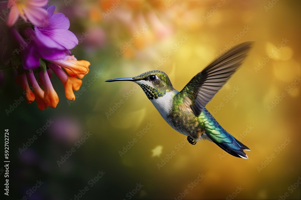 Fototapeta premium Humming bird hovering over colorful, pollen filled flowers. Generative AI