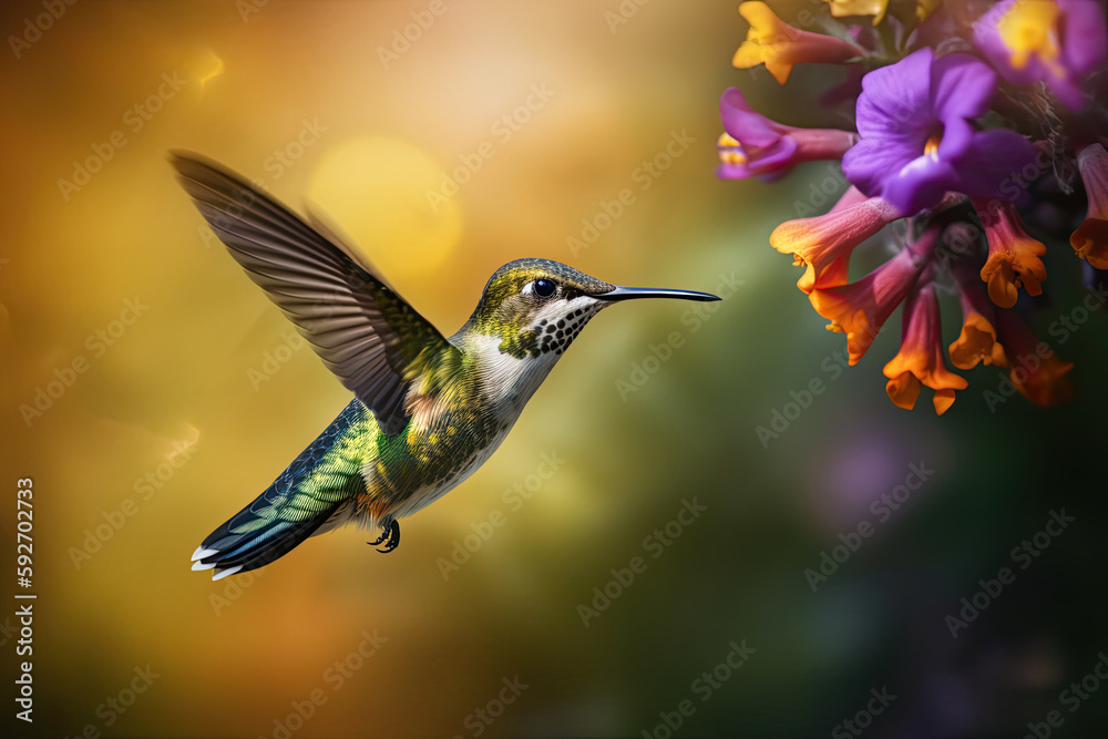Fototapeta premium Humming bird hovering over colorful, pollen filled flowers. Generative AI