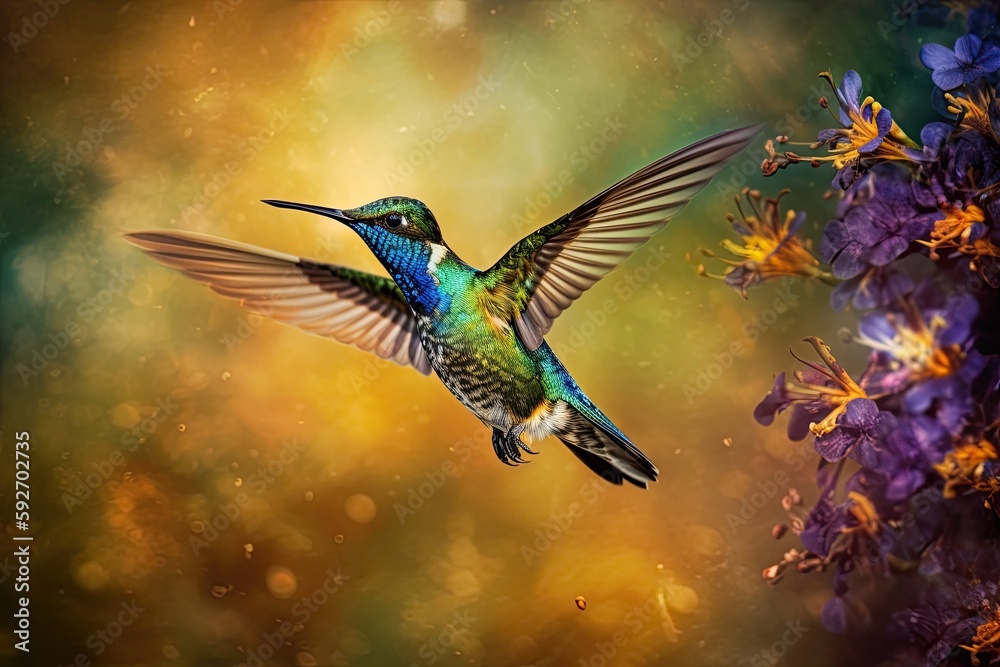 Fototapeta premium Humming bird hovering over colorful, pollen filled flowers. Generative AI