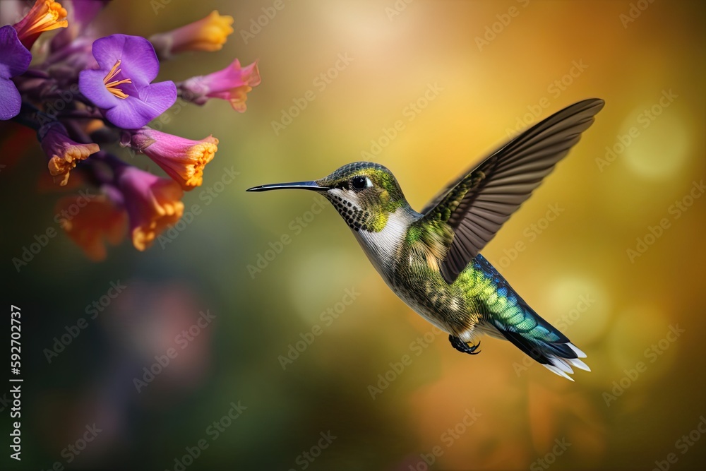 Fototapeta premium Humming bird hovering over colorful, pollen filled flowers. Generative AI