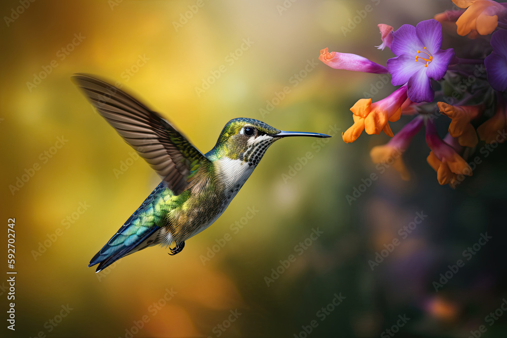 Fototapeta premium Humming bird hovering over colorful, pollen filled flowers. Generative AI