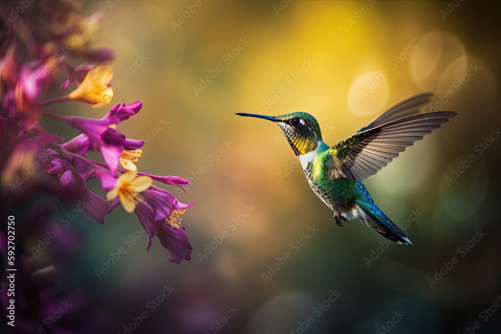 Fototapeta premium Humming bird hovering over colorful, pollen filled flowers. Generative AI