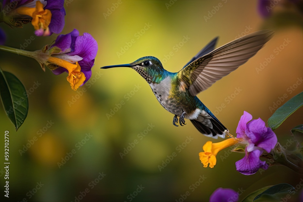 Fototapeta premium Humming bird hovering over colorful, pollen filled flowers. Generative AI