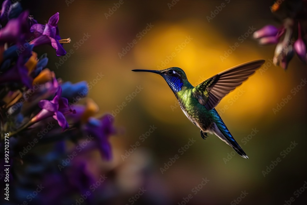 Fototapeta premium Humming bird hovering over colorful, pollen filled flowers. Generative AI