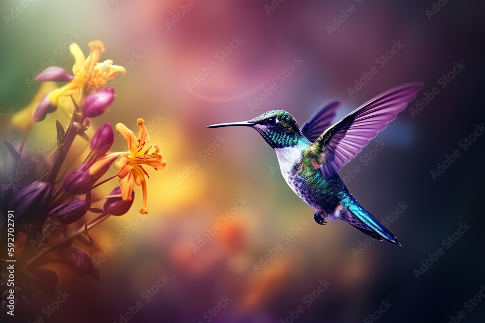 Fototapeta premium Humming bird hovering over colorful, pollen filled flowers. Generative AI