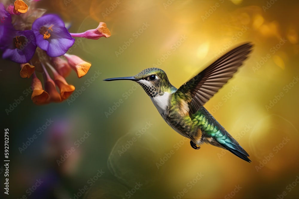 Humming bird hovering over colorful, pollen filled flowers. Generative AI Humming bird hovering over colorful, pollen filled flowers. Generative AI