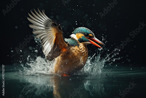 Common Kingfisher (Alcedo atthis) flying away after diving for fish. Generative AI © Gelpi