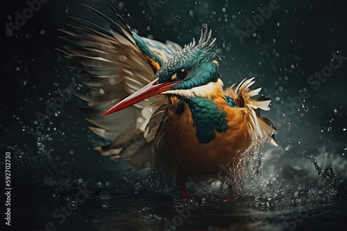 Common Kingfisher (Alcedo atthis) flying away after diving for fish. Generative AI