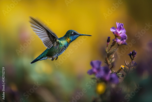 Humming bird hovering over colorful, pollen filled flowers. Generative AI © Gelpi