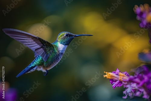 Humming bird hovering over colorful, pollen filled flowers. Generative AI © Gelpi