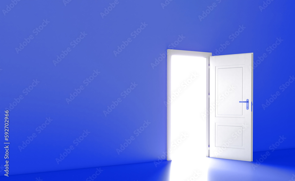 Open the door. Symbol of new career, opportunities, business ventures and initiative. Business concept. 3d render, white light inside open door isolated on blue background. Modern minimal concept. Open the door. Symbol of new career, opportunities, business ventures and initiative. Business concept. 3d render, white light inside open door isolated on blue background. Modern minimal concept.