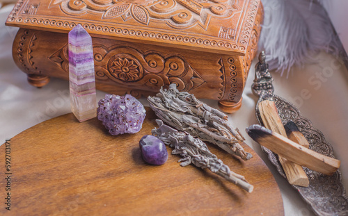 Fotografie Energy healing, reiki session or chakra rite with candles, wicca magic, new worl